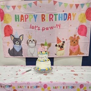 Fabric Birthday backdrop for girls party "Happy birthday let's pawty"